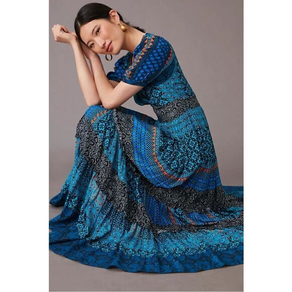 NEW Anthropologie Bhanuni by Jyoti Marian Boho Tiered V-Neck Maxi Dress Size 10 - Picture 1 of 4